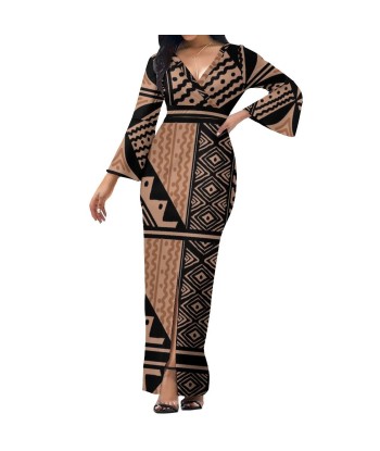 Robe longue marron col croisé/motif gatu les ctes