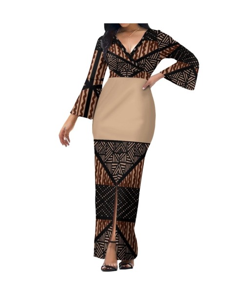 Robe longue beige col croisé/motif gatu brillant des détails fins