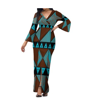 Robe longue bleu col croisé/motif gatu pas chere