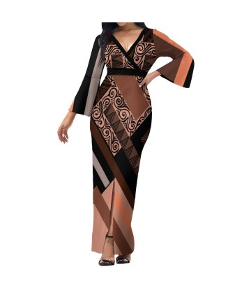 Robe longue marron col croisé/motif gatu Livraison rapide