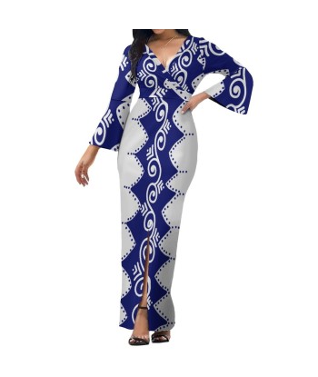 Robe longue blanc col croisé/motif bleu océan plus qu'un jeu 