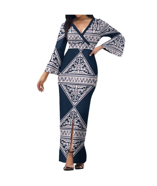 Robe longue bleu col croisé/motif gatu Livraison rapide