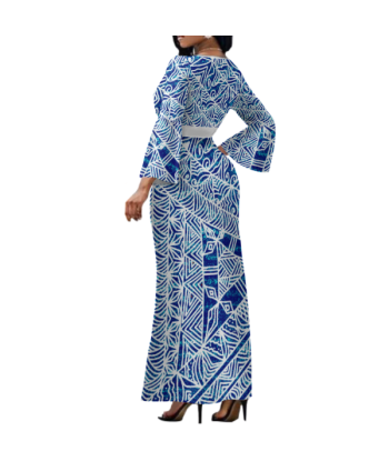 Robe longue col croisé/motif bleu Véritable concentré