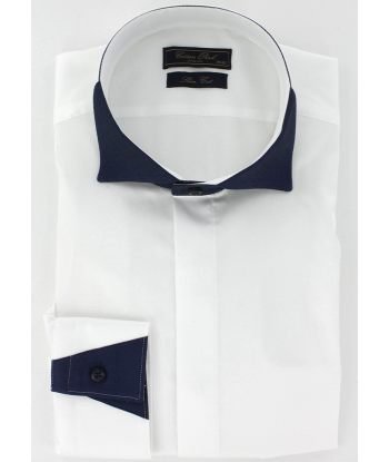 Chemise cintrée col cassé opposition bleu marine En savoir plus