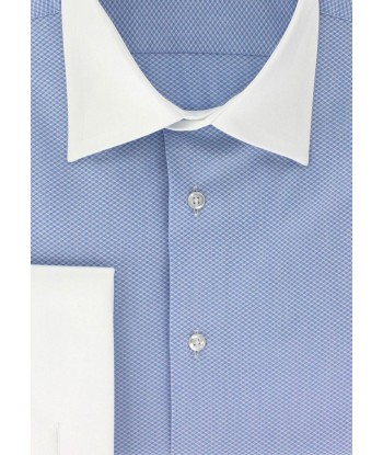 Chemise natté bleu ciel col et poignets mousquetaires blancs sur le site 