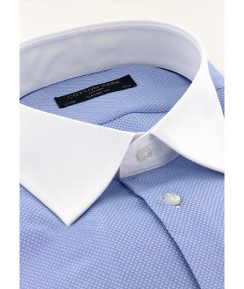 Chemise natté bleu ciel col et poignets mousquetaires blancs sur le site 