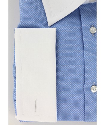 Chemise natté bleu ciel col et poignets mousquetaires blancs sur le site 