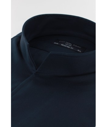 Chemise satin bleu marine col droit ouvert de votre