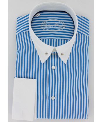 Chemise col anglais à rayures bâton bleu double retors Fin de série