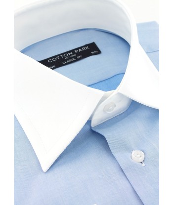 Chemise classique en twill bleu ciel col et poignets mousquetaires blancs À commander