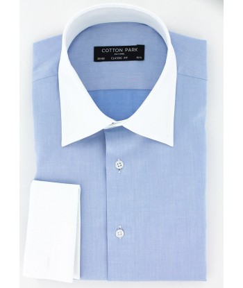 Chemise classique en twill bleu ciel col et poignets mousquetaires blancs À commander