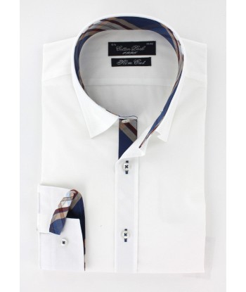 Chemise cintrée blanche avec coudières marine et marron soldes