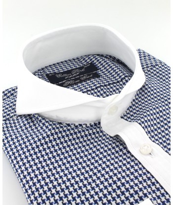 Chemise col cutaway blanc pied de poule bleu marine pas cher chine