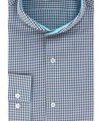 Chemise cintrée col cutaway pied-de-poule turquoise brillant des détails fins