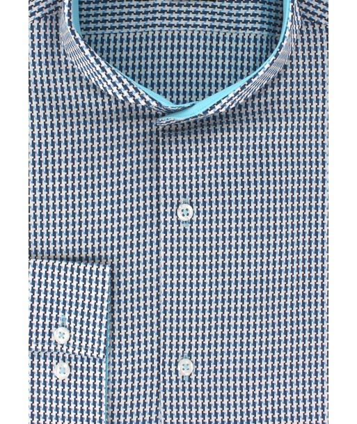 Chemise cintrée col cutaway pied-de-poule turquoise brillant des détails fins