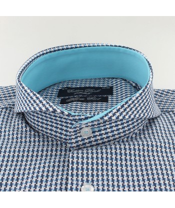 Chemise cintrée col cutaway pied-de-poule turquoise brillant des détails fins