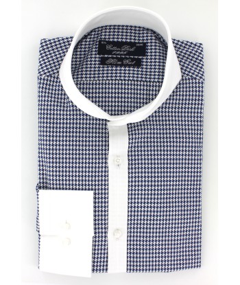 Chemise col cutaway blanc pied de poule bleu marine pas cher chine