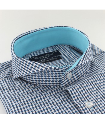 Chemise cintrée col cutaway pied-de-poule turquoise brillant des détails fins