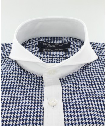 Chemise col cutaway blanc pied de poule bleu marine pas cher chine