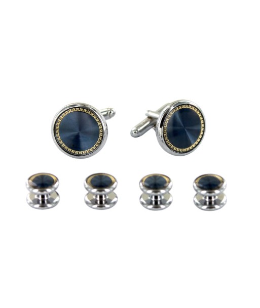 Boutons de manchette et plastron assortis couleur argent et bleu marine à motif doré français