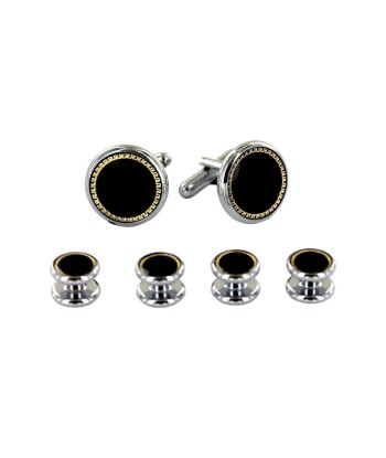 Boutons de manchette et plastron assortis couleur argent et noir motif doré À commander