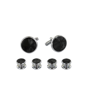 Boutons de manchette et plastron assortis couleur argent et nacre noire de pas cher