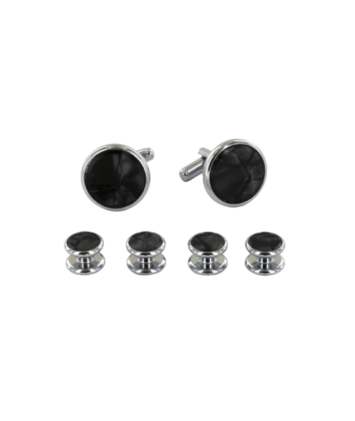 Boutons de manchette et plastron assortis couleur argent et nacre noire de pas cher