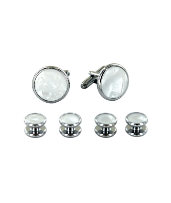 Boutons de manchette et plastron assortis couleur argent et nacre blanche Paris Déstockage Promo