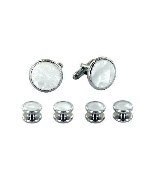 Boutons de manchette et plastron assortis couleur argent et nacre blanche Paris Déstockage Promo