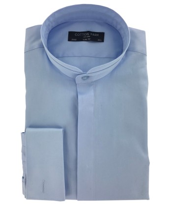 Chemise cintrée col mao bleu ciel poignets mousquetaires 2024