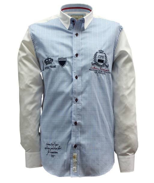 Chemise sport chic petits carreaux bleu ciel brodée à prix réduit toute l'année