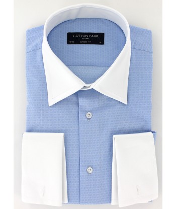 Chemise à motifs bleu ciel col et poignets mousquetaires blancs Comparez et commandez 