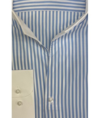 Chemise col blanc rayures bleues ciel col droit ouvert Economisez 