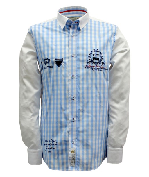 Embroidered sky blue gingham sport chic shirt commande en ligne