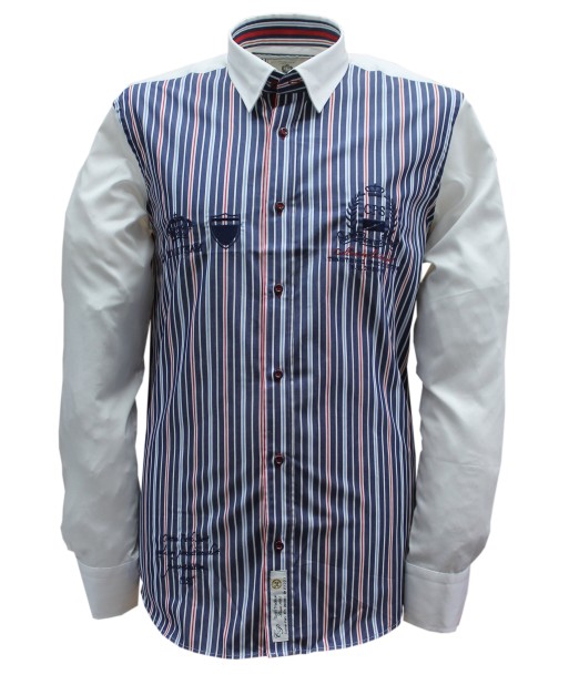 Sporty chic shirt with red and sky blue embroidered stripes de technologie