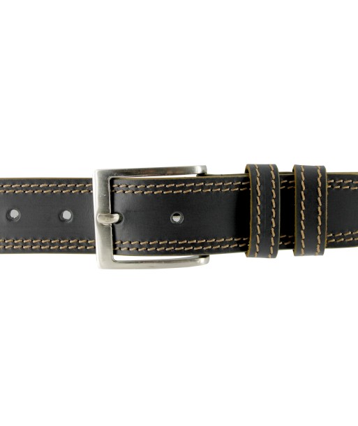 Black leather belt with beige stitching Livraison rapide