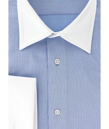 Sky blue cotton piqué shirt with white French collar and cuffs de pas cher