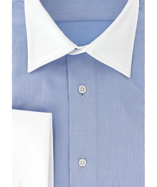 Sky blue cotton piqué shirt with white French collar and cuffs de pas cher