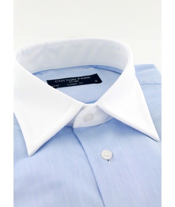 Sky blue cotton piqué shirt with white French collar and cuffs de pas cher