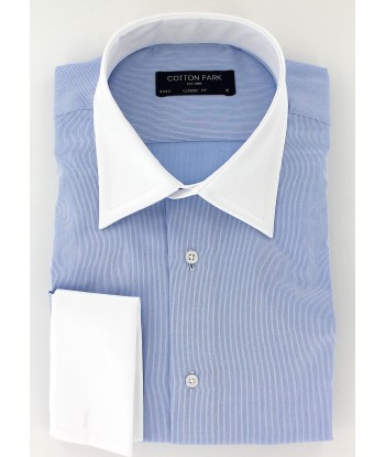 Sky blue cotton piqué shirt with white French collar and cuffs de pas cher