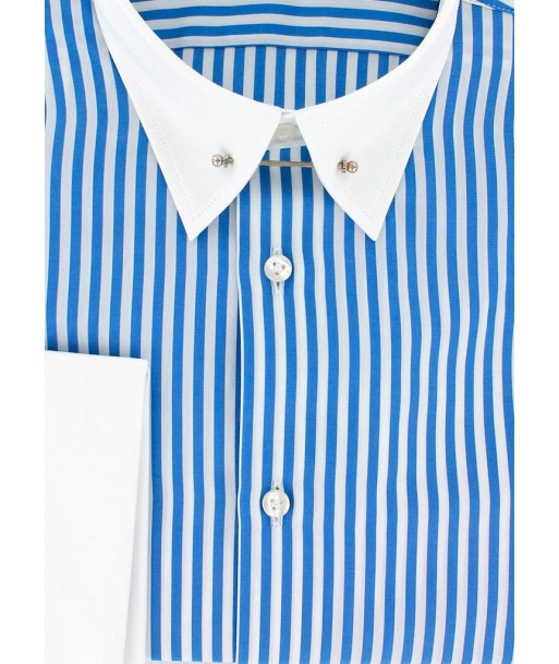 Chemise col anglais à rayures bâton bleu double retors solde